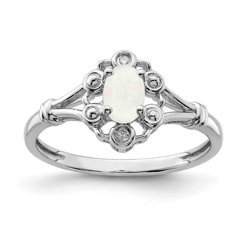 Sterling Silver Rhodium-plated Created Opal & Diam. Ring (QBR22OCT-7)