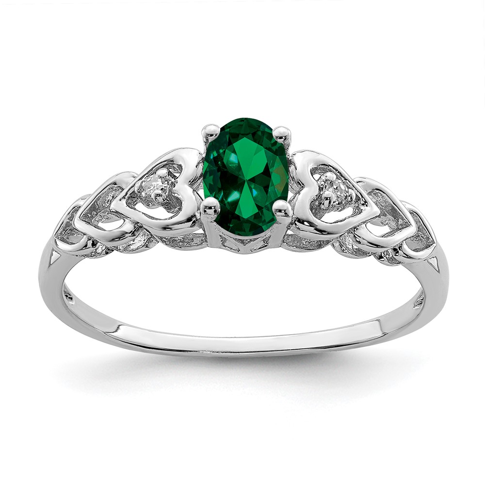 Sterling Silver Rhodium-plated Created Emerald & Diam. Ring (QBR23MAY-10)