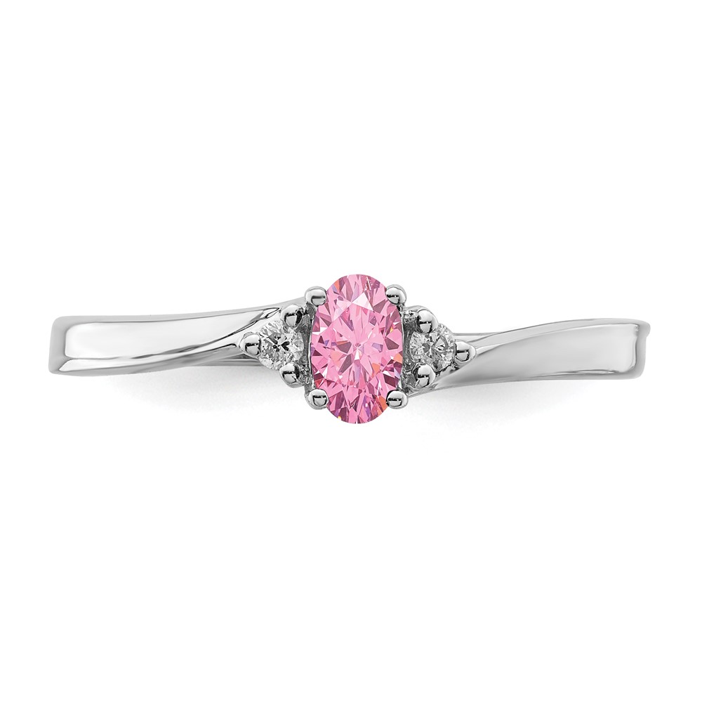 Sterling Silver Rhodium-plated Pink CZ & Diamond Birthstone Ring (QBR25OCT-6)