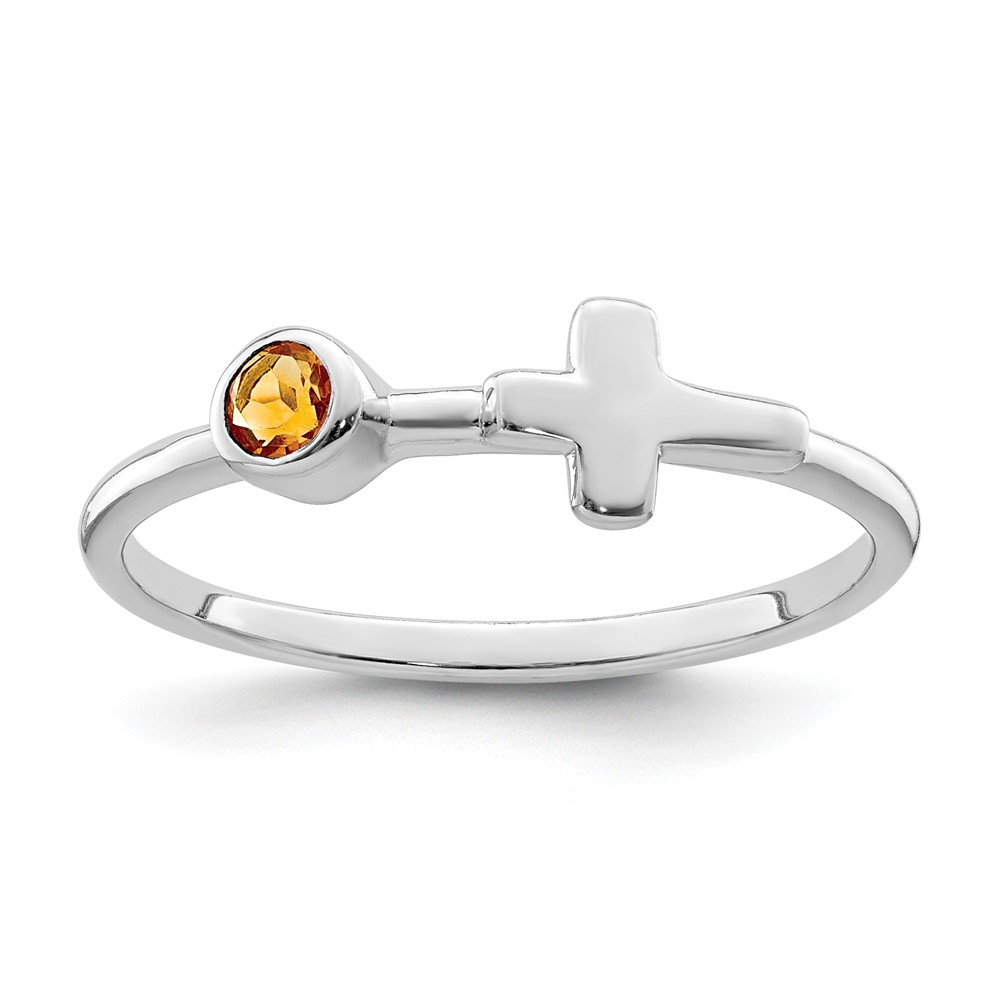 Sterling Silver Rhodium-plated Polished Cross Citrine Ring (QBR33NOV-6)