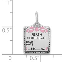Sterling Silver Rhodium-plated Pink Birth Certificate Polished Charm view 4