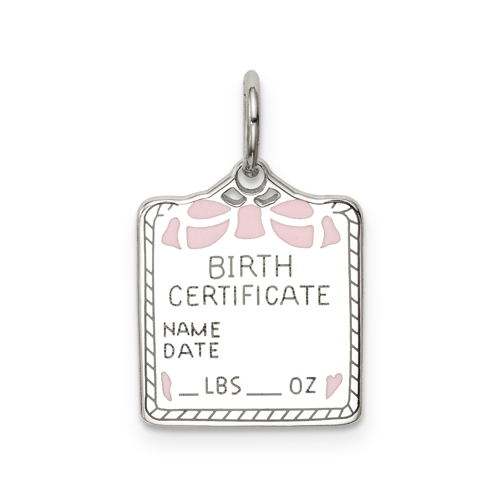 Sterling Silver Rhodium-plated Pink Birth Certificate Polished Charm (QC10)