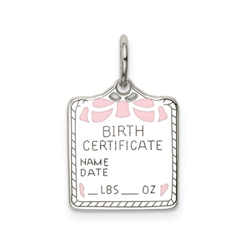 Sterling Silver Rhodium-plated Polished Front Satin Back Pink Enameled Engravable Small Birth Certificate Charm