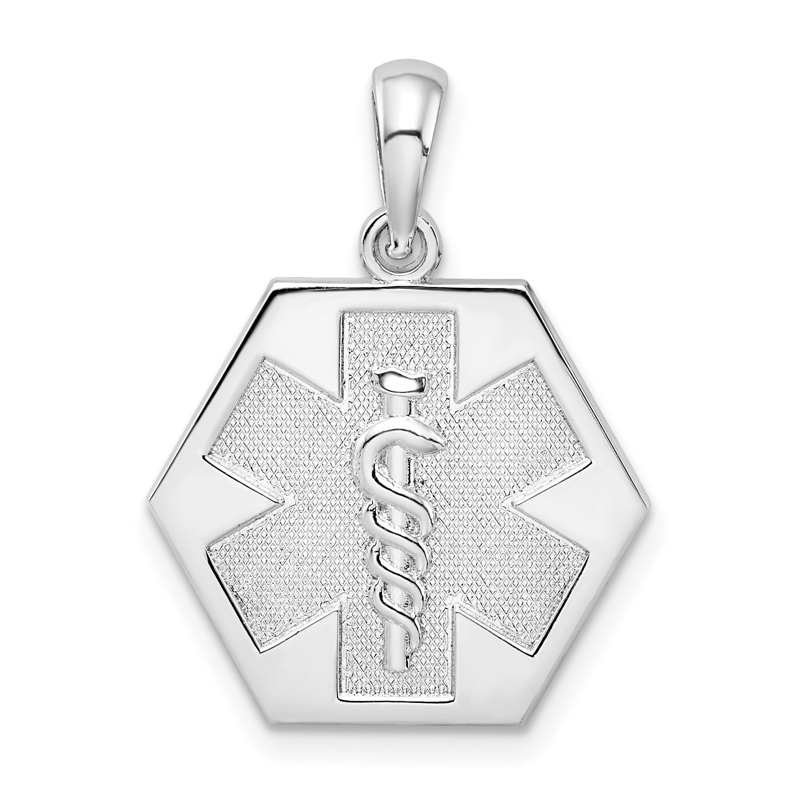 De-Ani Sterling Silver Rhodium-Plated Polished Caduceus Hexagon Disc Pendant (QC10294)