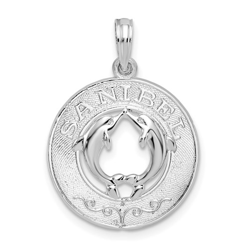 De-Ani Sterling Silver Rhodium-Plated Polished Sanibel Circle with Dolphins Pendant