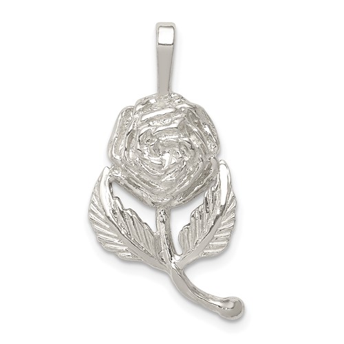 Sterling Silver Polished Long Stemmed Rose Pendant