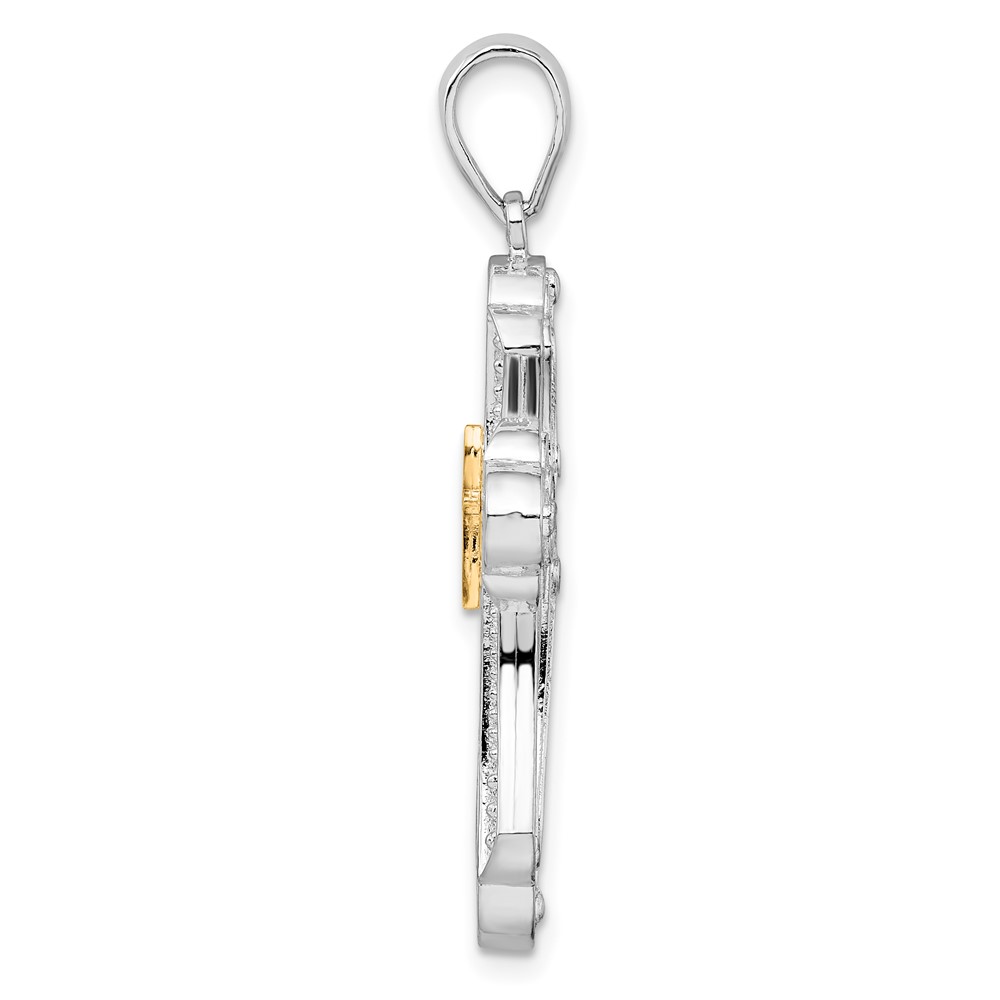 De-Ani Sterling Silver Rhodium-Plated Diamond-Cut Budded Cross with 14k Accent Pendant (QC10916G)