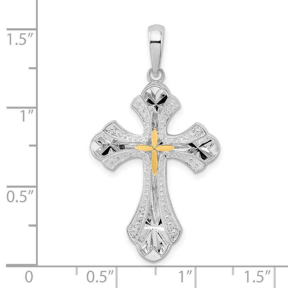 De-Ani Sterling Silver Rhodium-Plated Diamond-Cut Budded Cross with 14k Accent Pendant (QC10916G)
