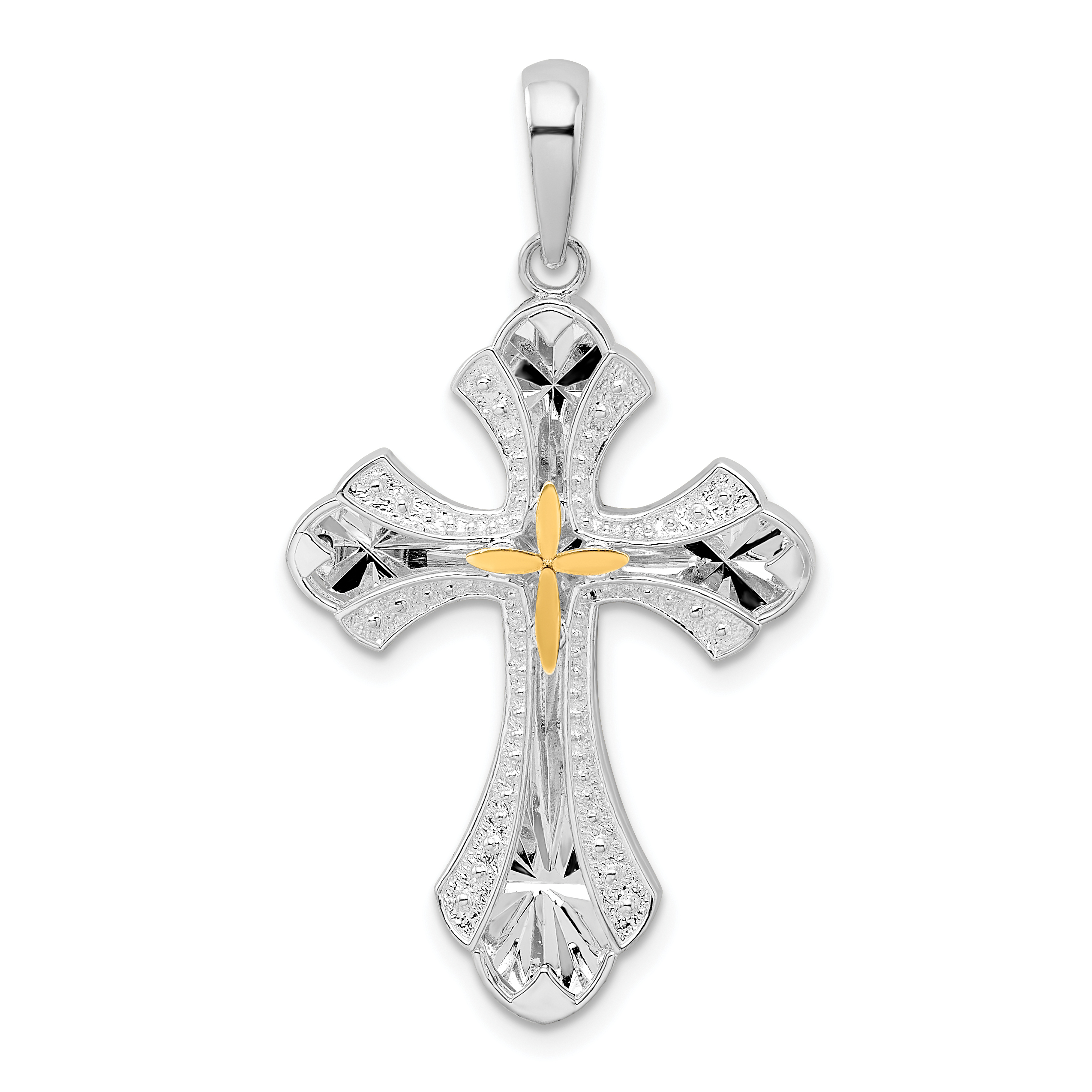 De-Ani Sterling Silver Rhodium-Plated Diamond-Cut Budded Cross with 14k Accent Pendant (QC10916G)