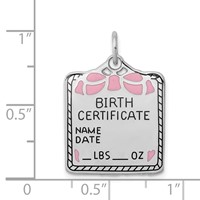 Sterling Silver Rhodium-plated Polished Front Satin Back Pink Enameled Engravable Large Birth Certificate Charm view 4