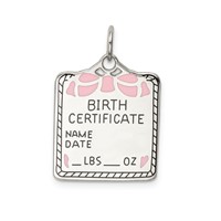 Sterling Silver Rhodium-plated Polished Front Satin Back Pink Enameled Engravable Large Birth Certificate Charm view 1