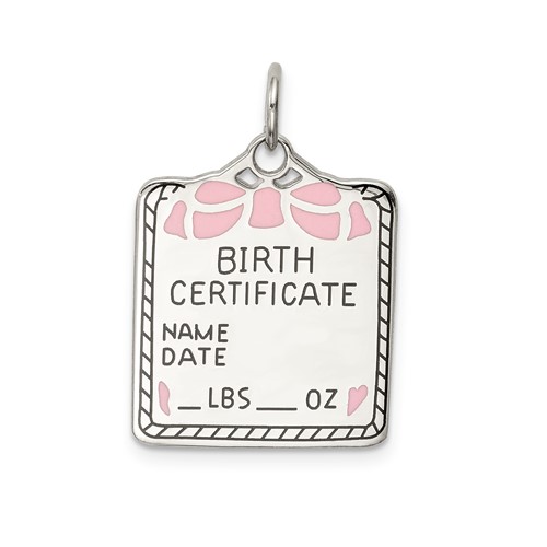 Sterling Silver Rhodium-plated Polished Front Satin Back Pink Enameled Engravable Large Birth Certificate Charm