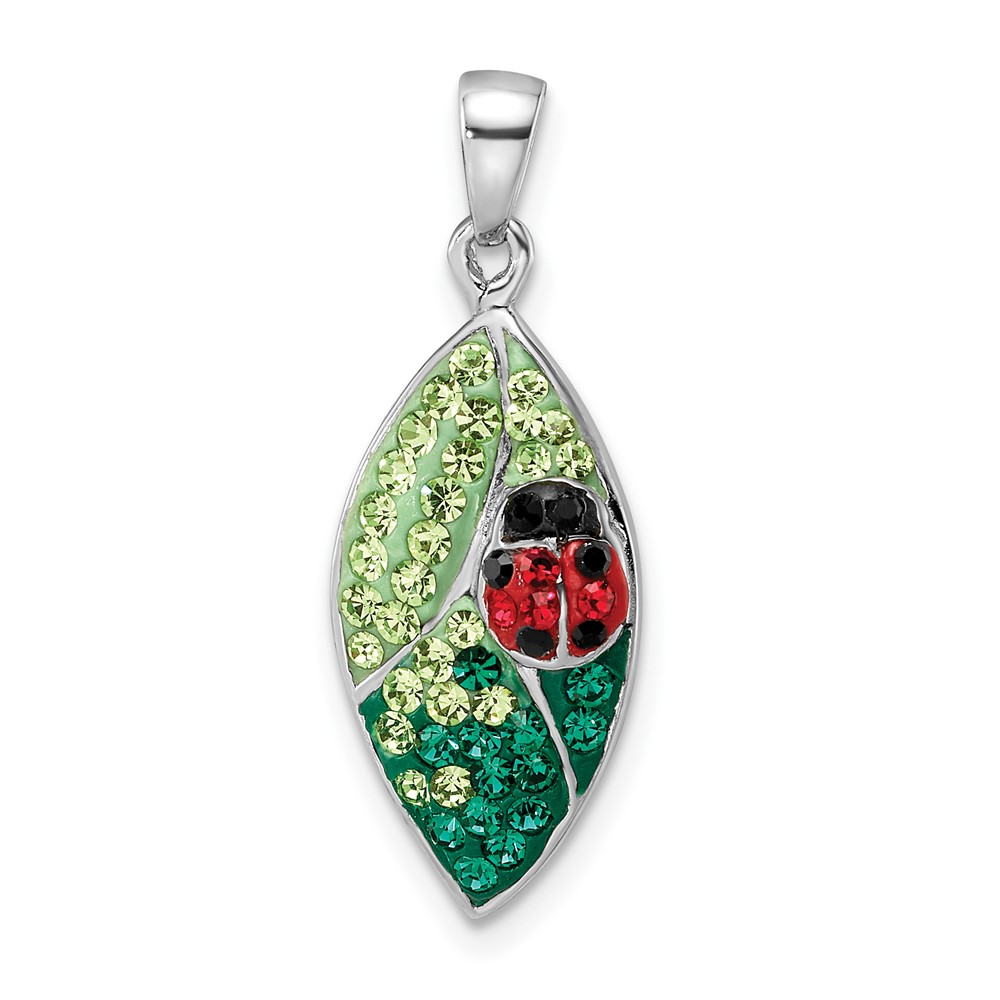 Sterling Silver Rhodium-plated Preciosa Crystal Leaf w/Ladybug Pendant (QC11036)