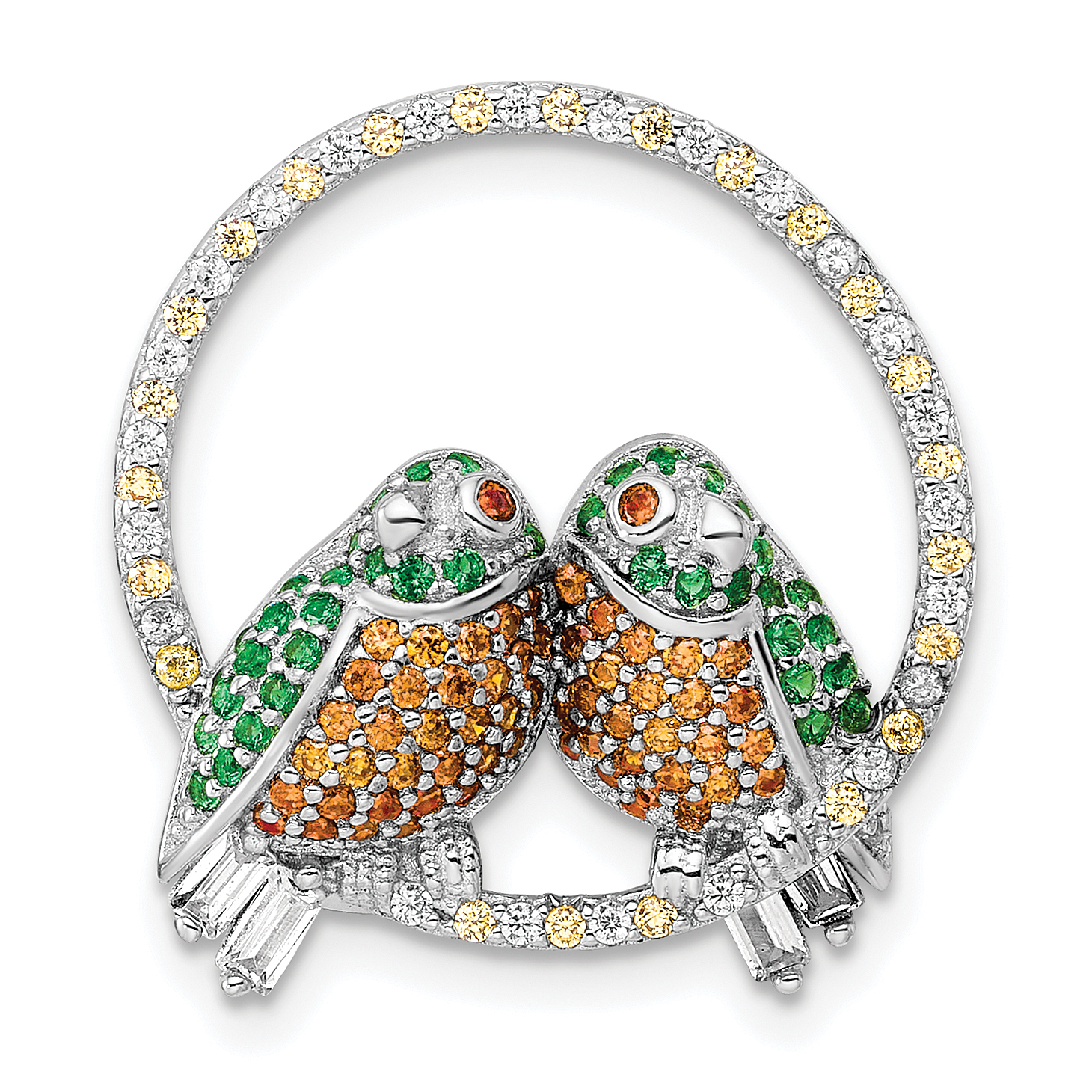 Sterling Silver Rhodium-plated CZ Birds on Perch Chain Slide (QC11052)