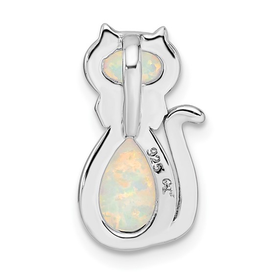 Sterling Silver Rhodium-plated White Created Opal Cat Chain Slide