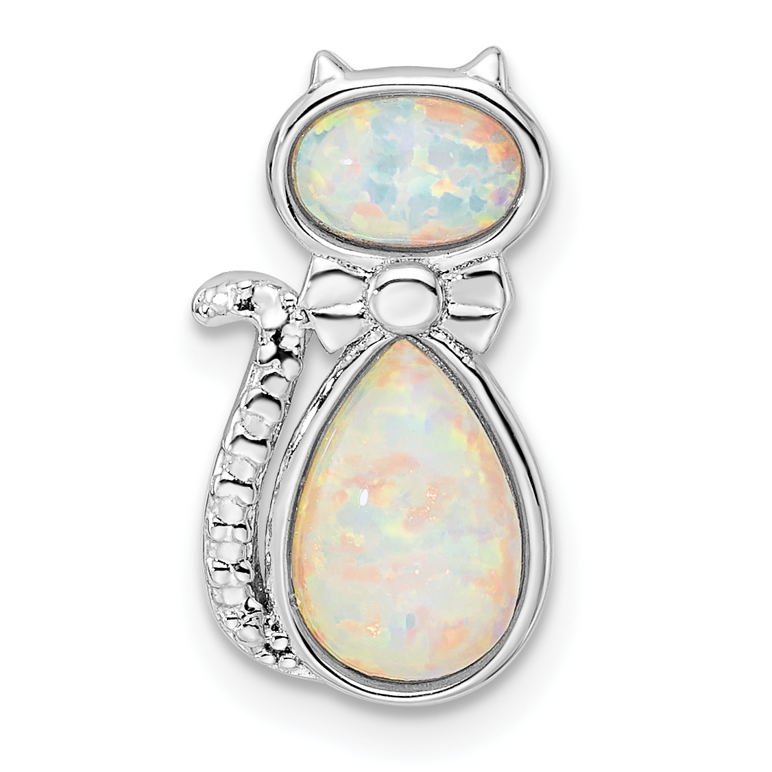Sterling Silver Rhodium-plated White Created Opal Cat Chain Slide (QC11061)