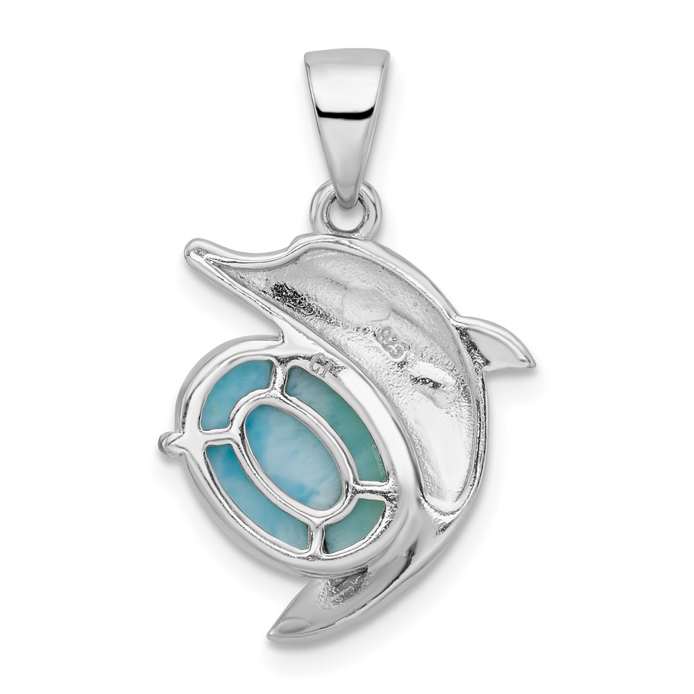 Sterling Silver Rhodium-plated Polished Filigree Dolphin Larimar Pendant (QC11087)