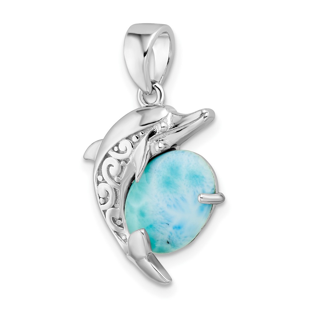 Sterling Silver Rhodium-plated Polished Filigree Dolphin Larimar Pendant (QC11087)