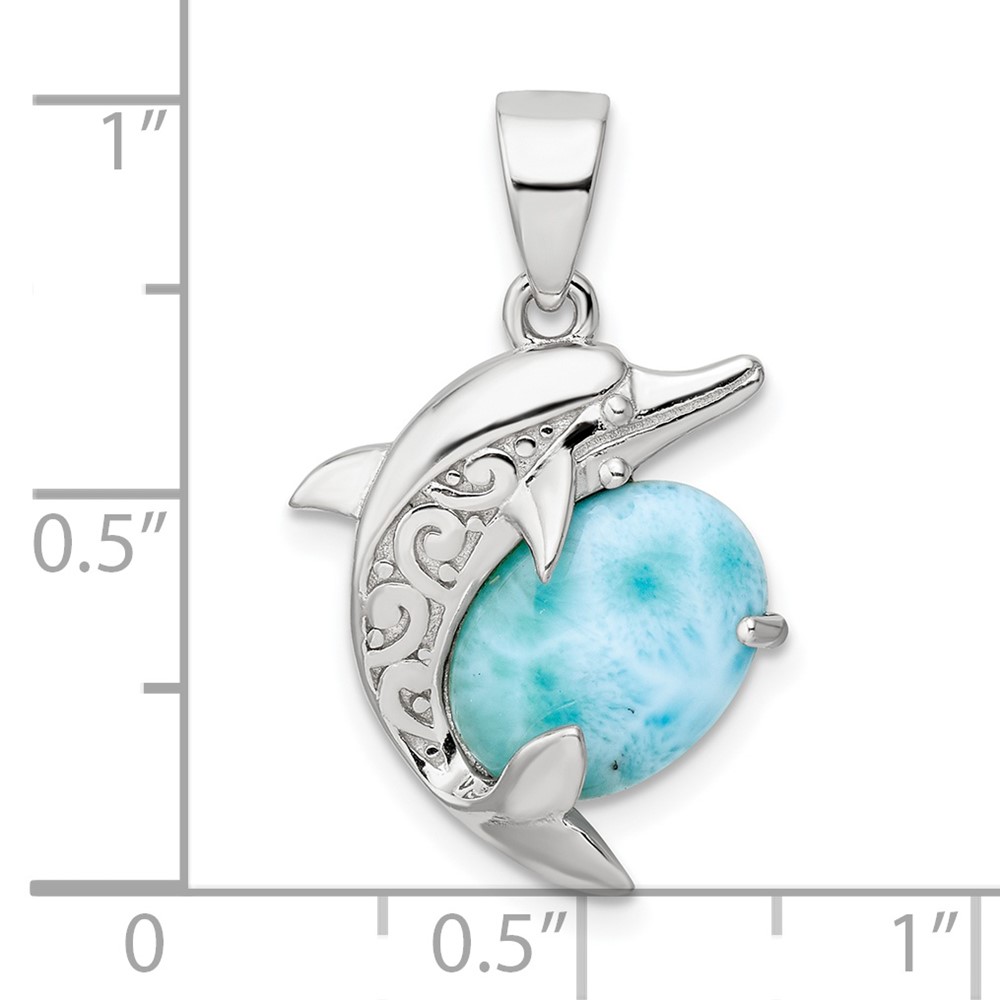 Sterling Silver Rhodium-plated Polished Filigree Dolphin Larimar Pendant (QC11087)