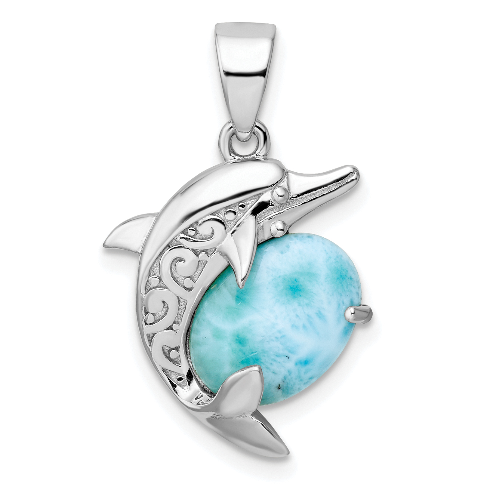 Sterling Silver Rhodium-plated Polished Filigree Dolphin Larimar Pendant (QC11087)