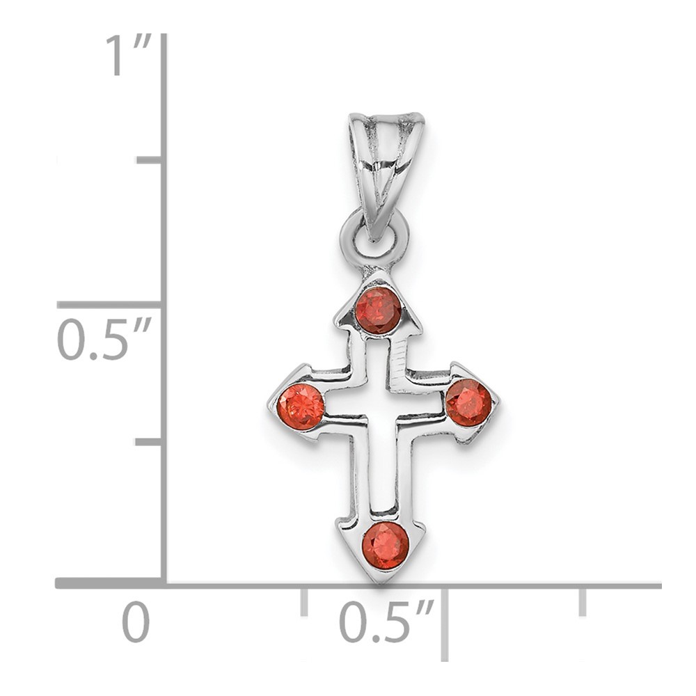 Sterling Silver Rhodium-plated Polished Open Cross Red Crystal Pendant (QC11145)