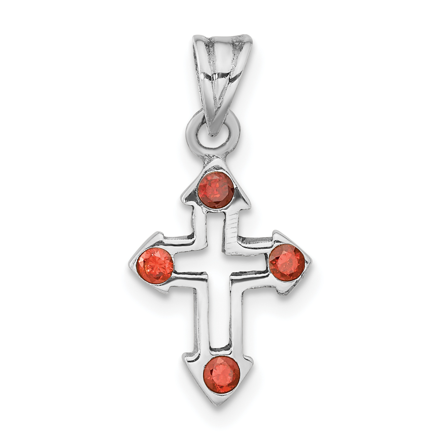 Sterling Silver Rhodium-plated Polished Open Cross Red Crystal Pendant (QC11145)