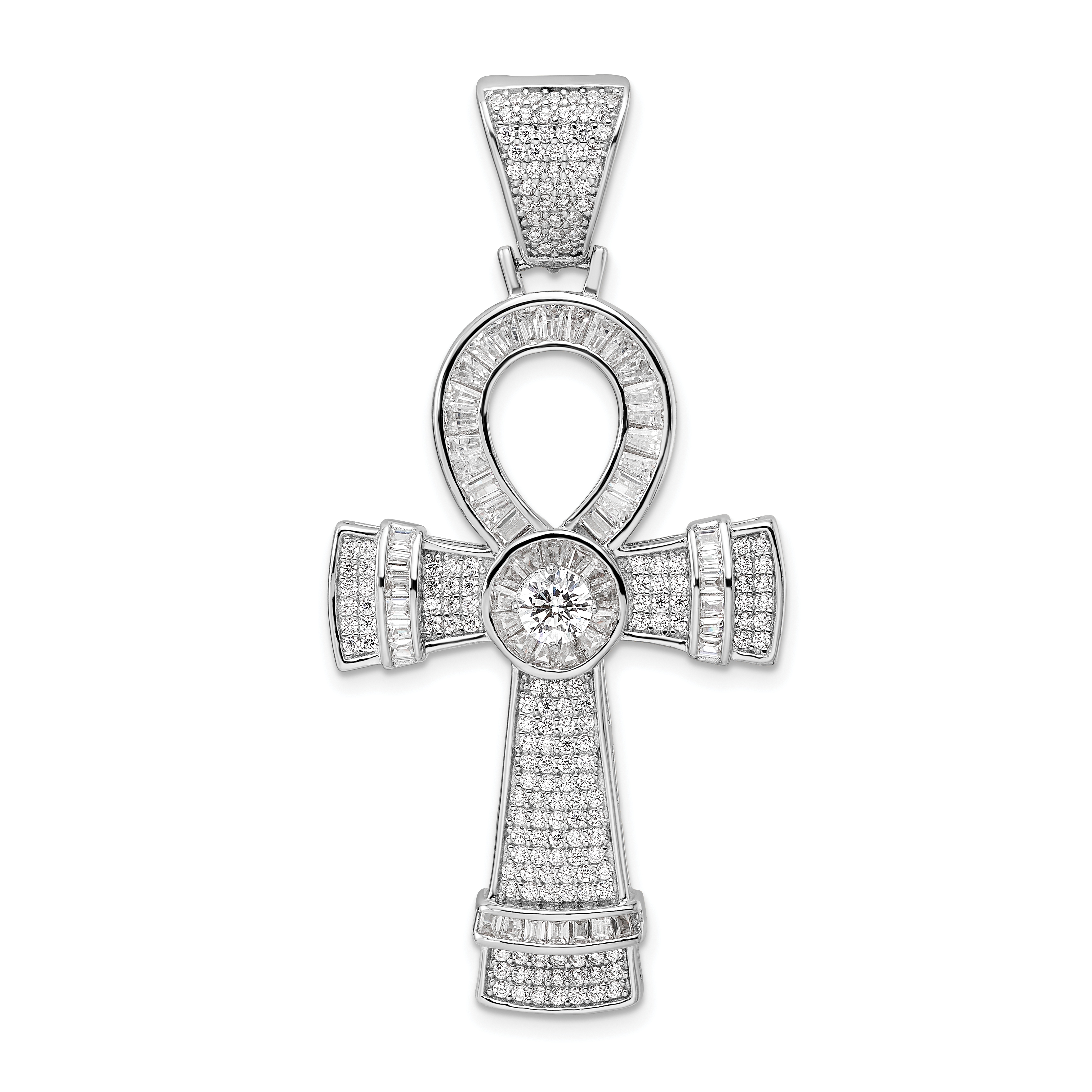 Sterling Silver Rhodium-plated Polished CZ Ankh Cross Pendant (QC11165)