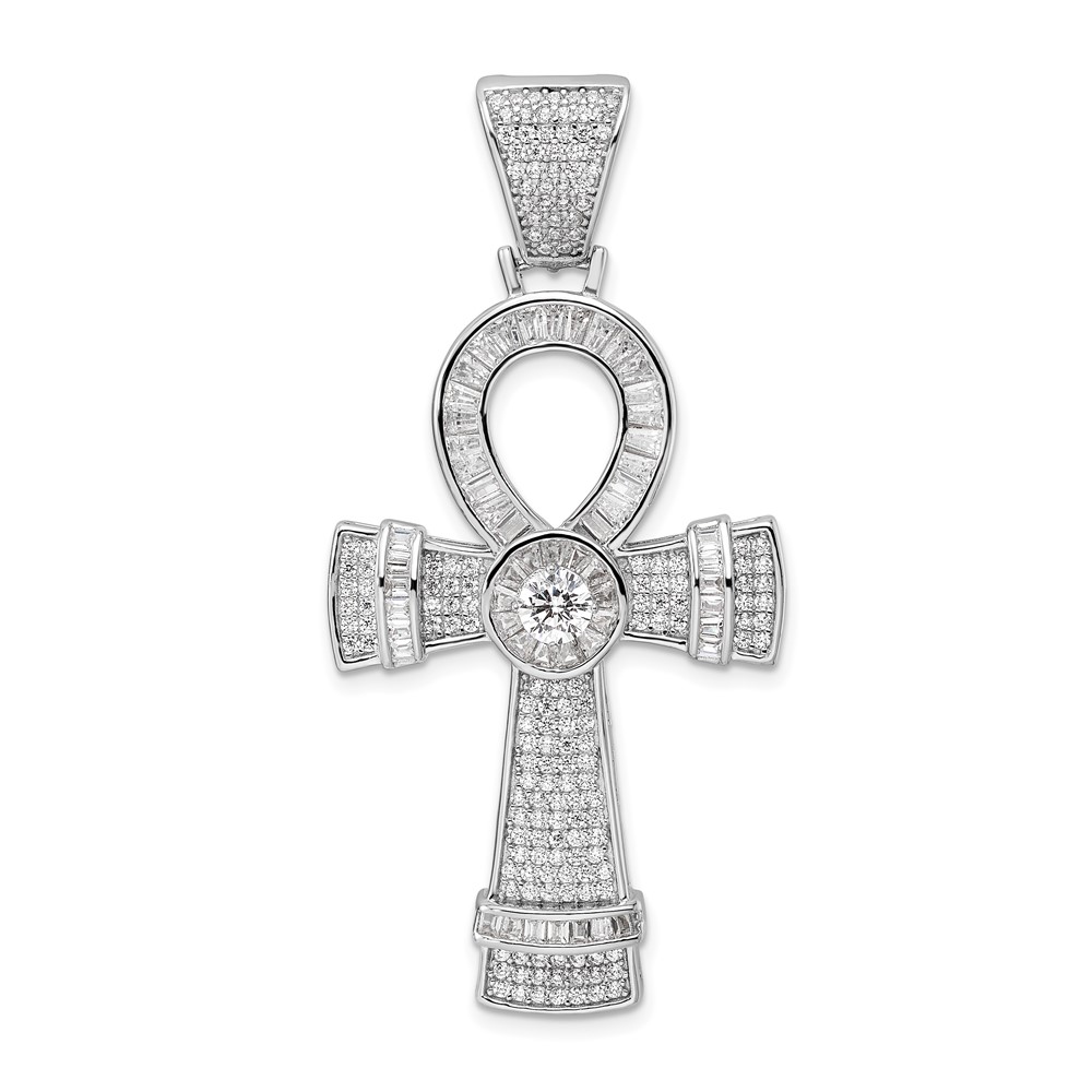 Sterling Silver Rhodium-plated Polished CZ Ankh Cross Pendant (QC11165)