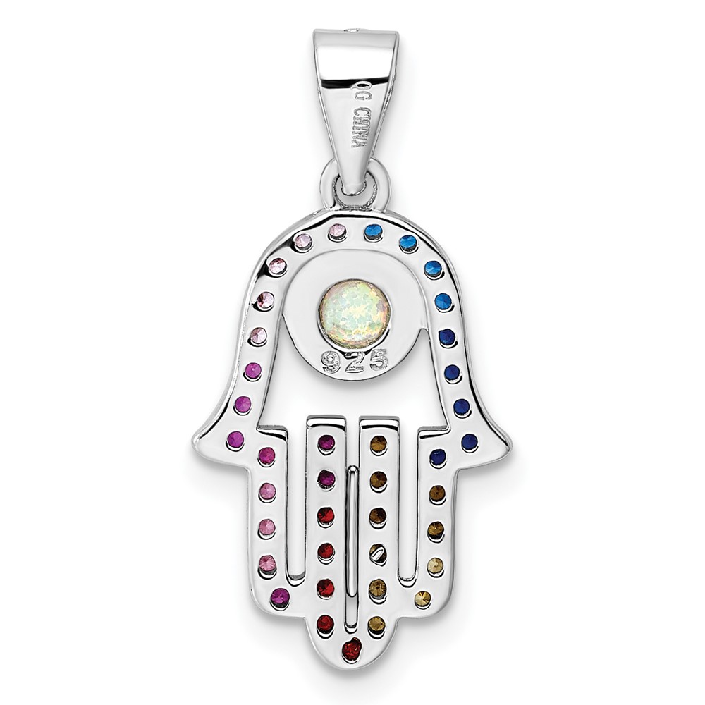 Sterling Silver Rhodium-plated Multicolor CZ & Synthetic Opal Hamsa Pendant (QC11227)