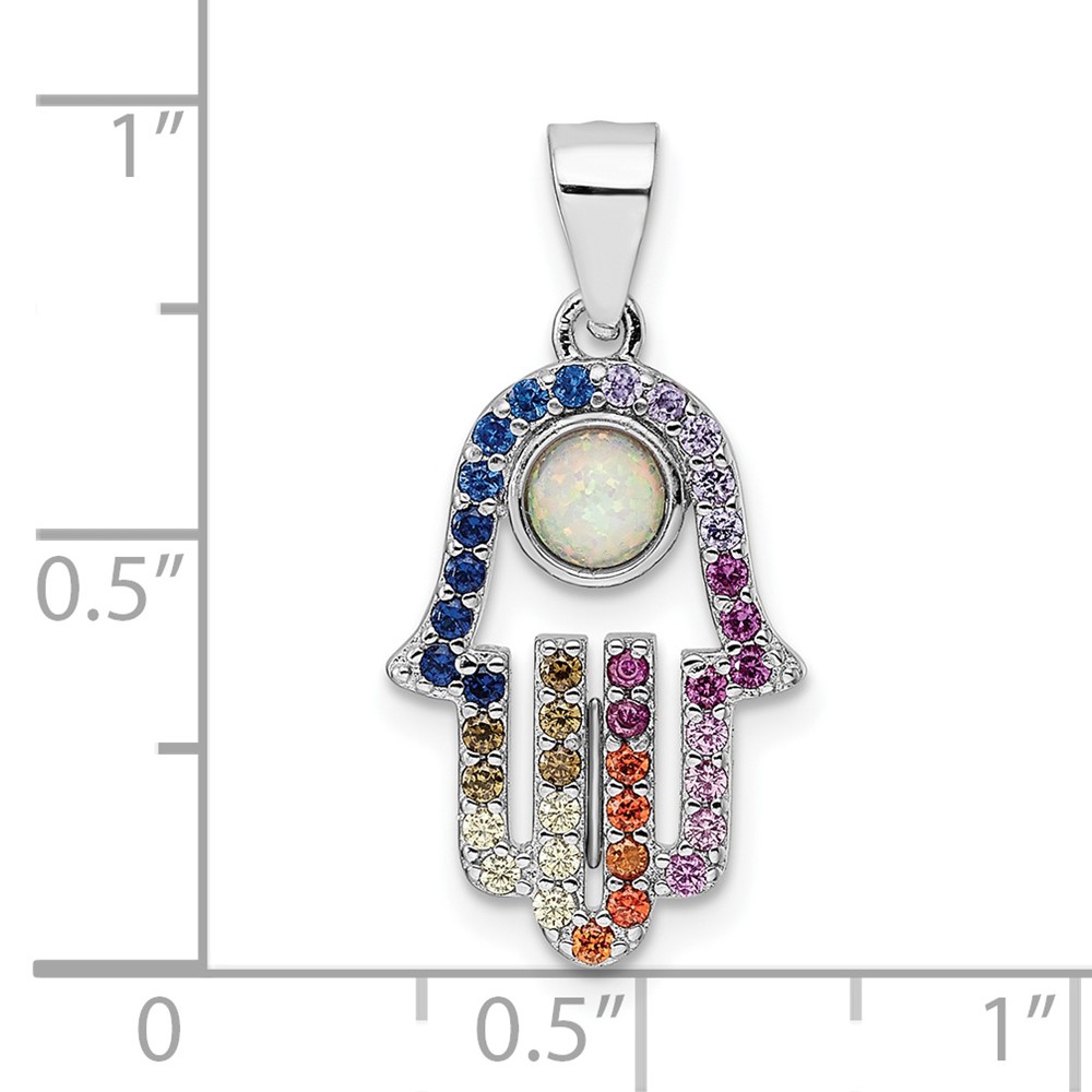 Sterling Silver Rhodium-plated Multicolor CZ & Synthetic Opal Hamsa Pendant (QC11227)