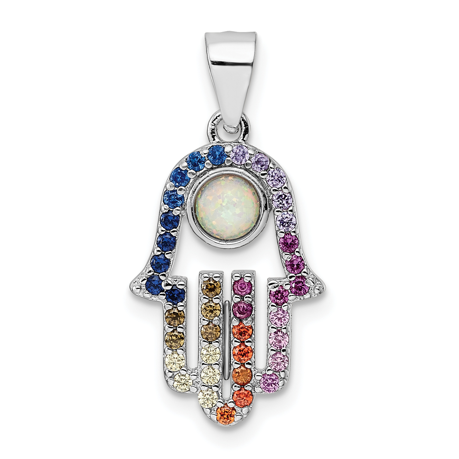Sterling Silver Rhodium-plated Multicolor CZ & Synthetic Opal Hamsa Pendant (QC11227)