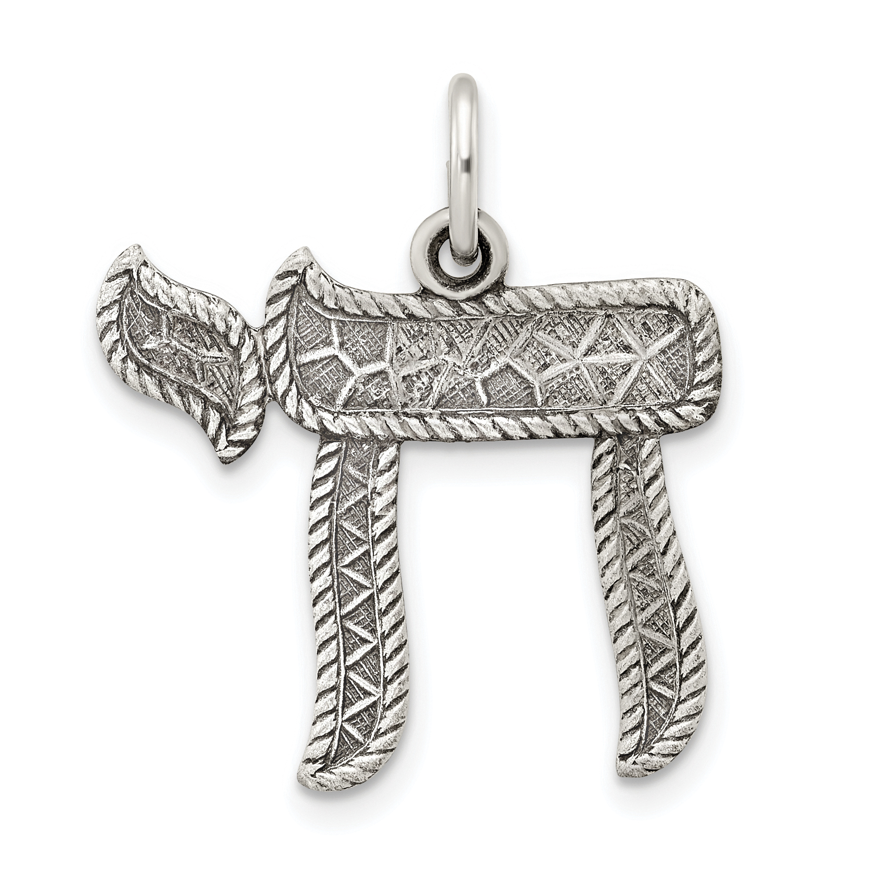 Sterling Silver Solid Antiqued and Textured Chai Symbol Pendant (QC11236)