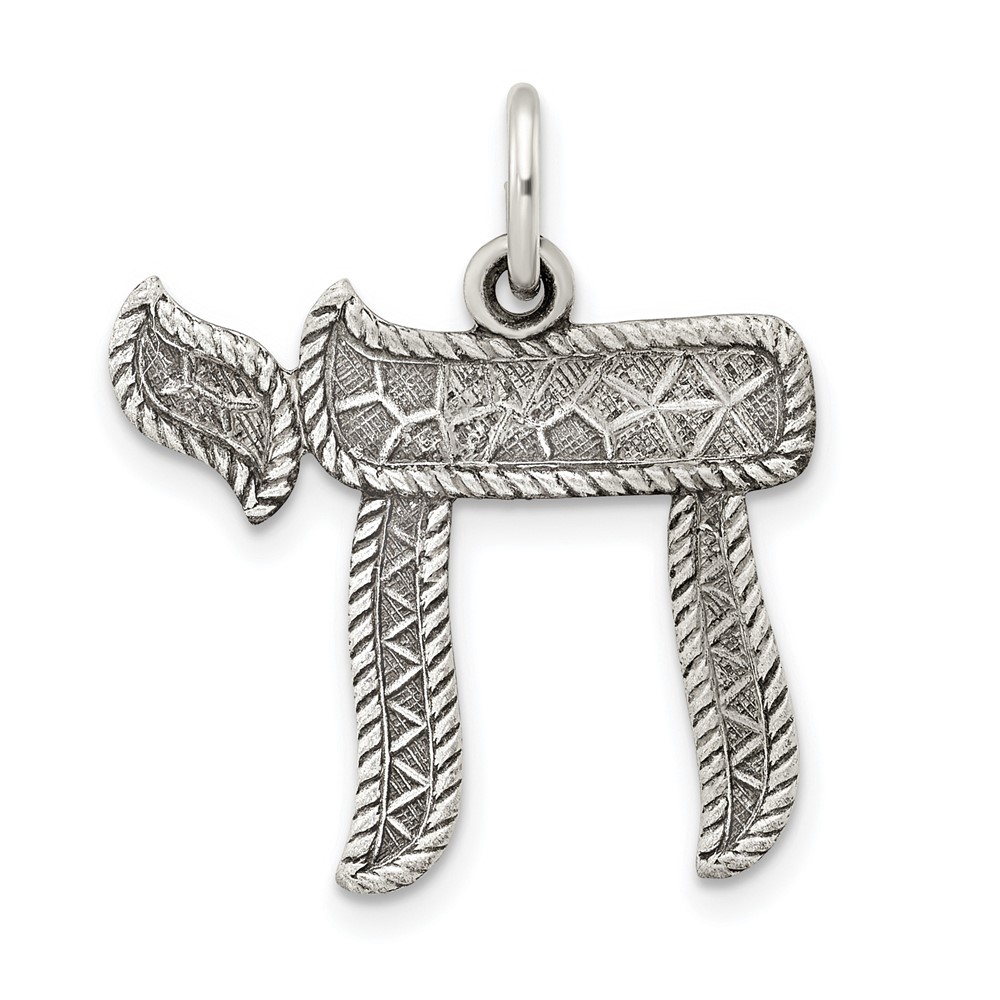Sterling Silver Solid Antiqued and Textured Chai Symbol Pendant (QC11236)