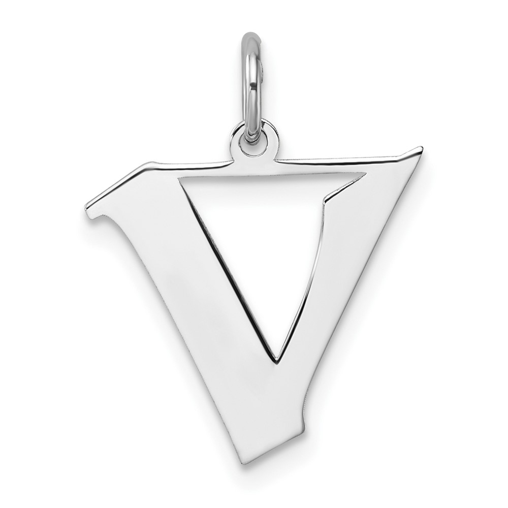 Small Sterling Silver Rhodium-plated Artisan Block Letter V Initial Charm (QC11256V)