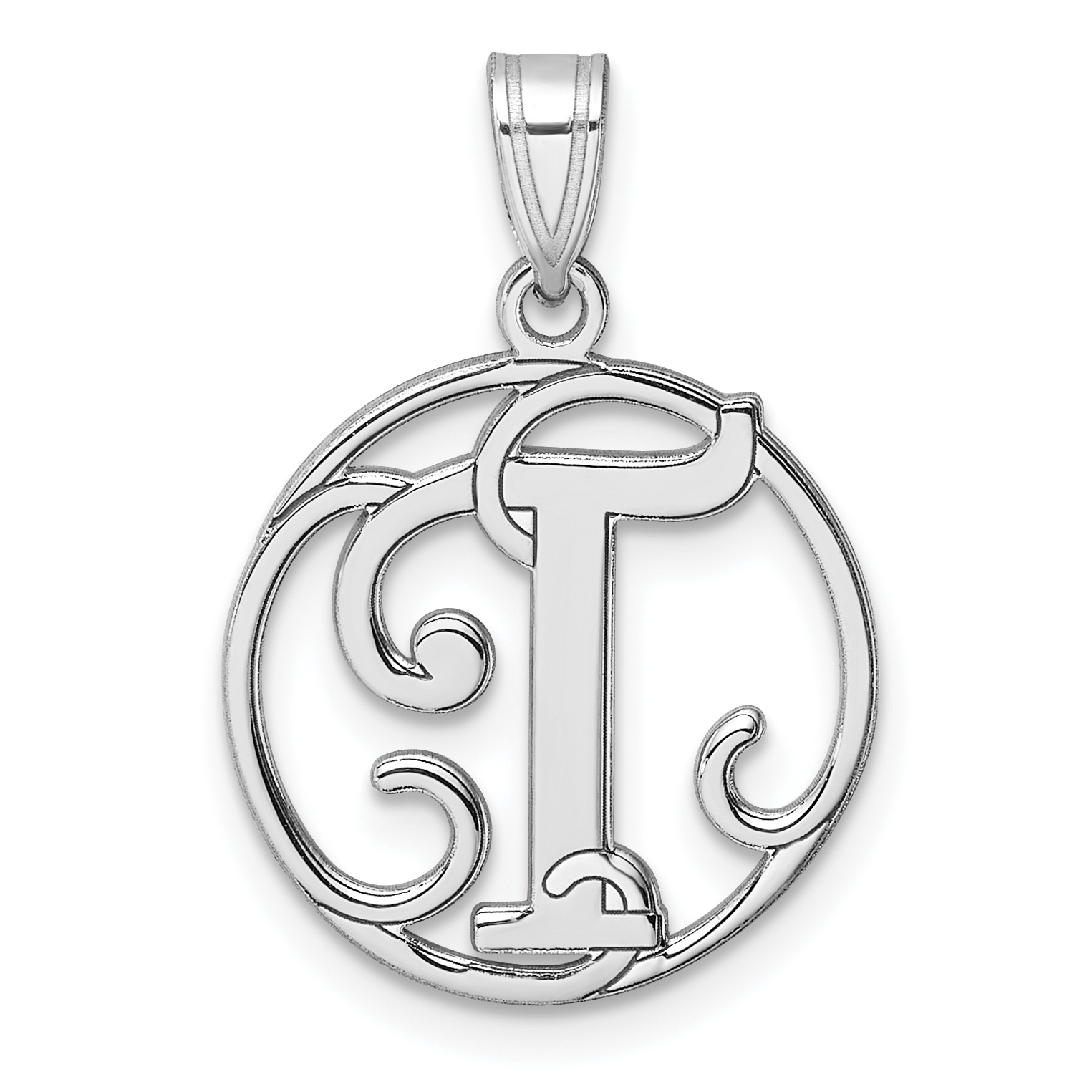 Small Sterling Silver Rhodium-plated Fancy Script Letter T Initial Pendant (QC11257T)