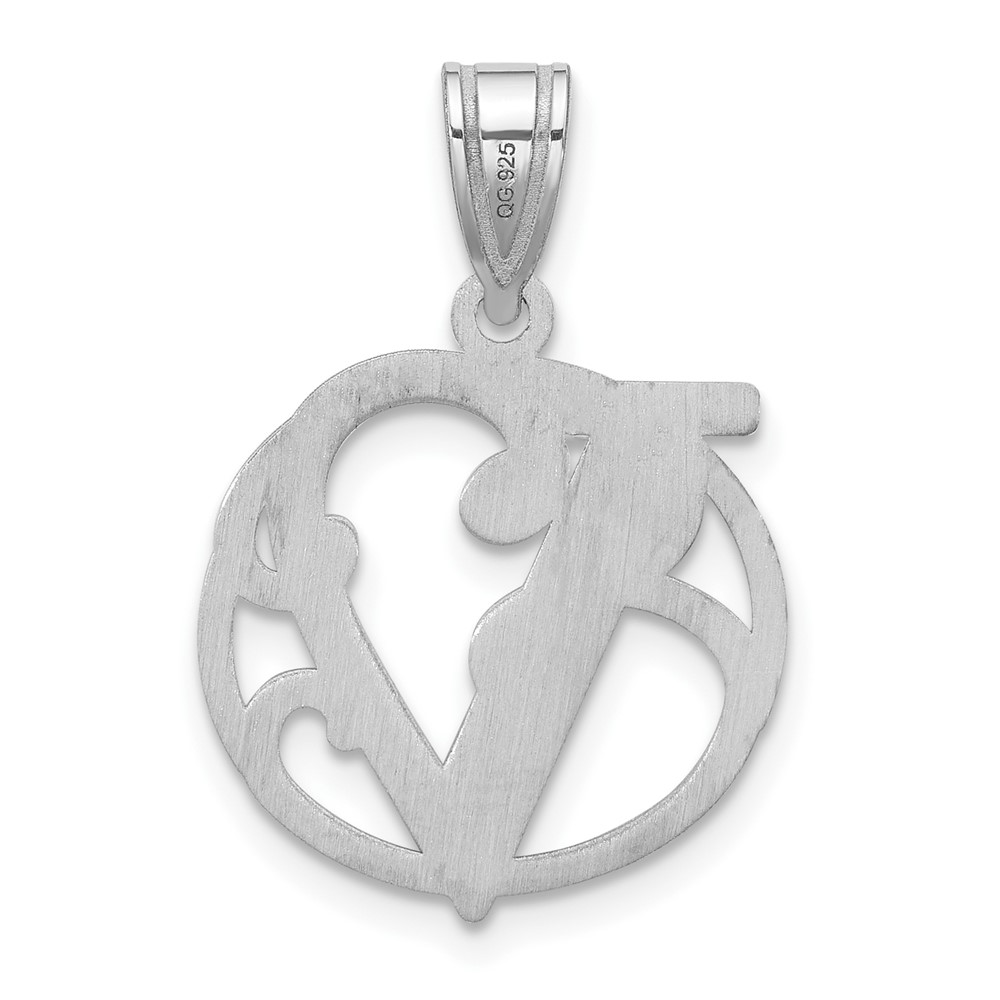 Small Sterling Silver Rhodium-plated Fancy Script Letter V Initial Pendant (QC11257V)