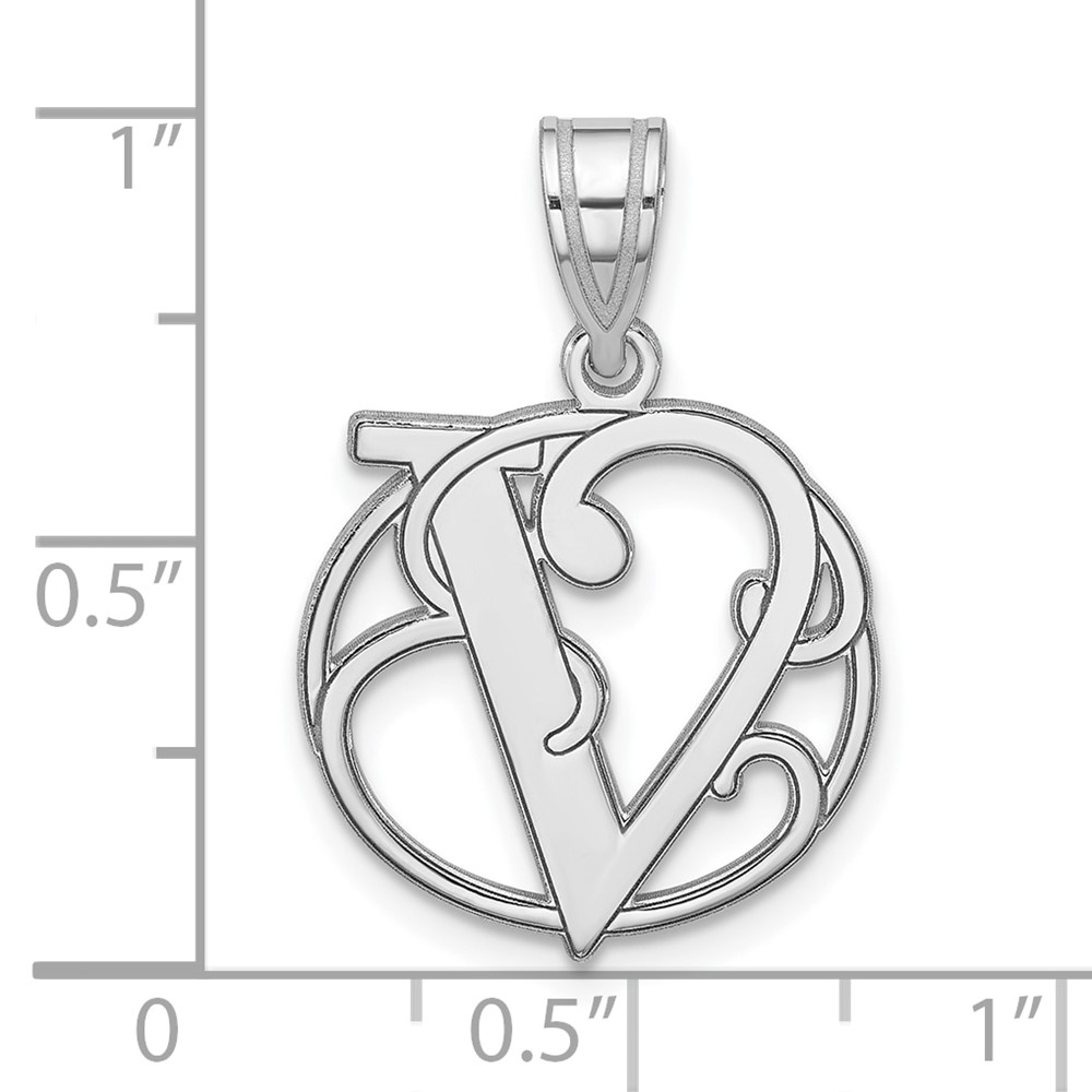 Small Sterling Silver Rhodium-plated Fancy Script Letter V Initial Pendant (QC11257V)