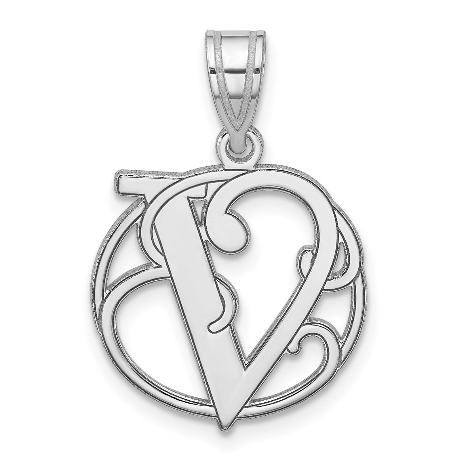 Small Sterling Silver Rhodium-plated Fancy Script Letter V Initial Pendant (QC11257V)