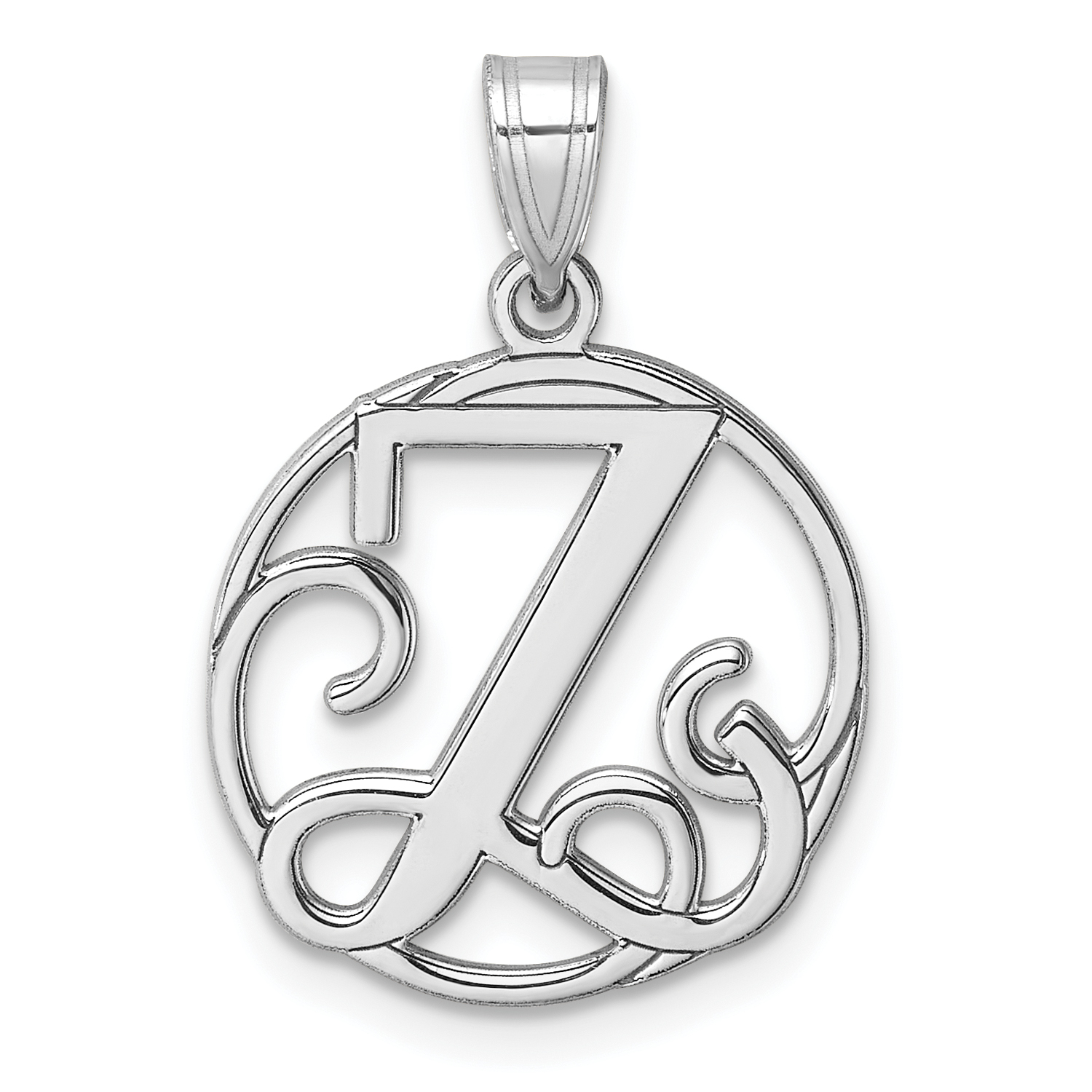 Small Sterling Silver Rhodium-plated Fancy Script Letter Z Initial Pendant (QC11257Z)