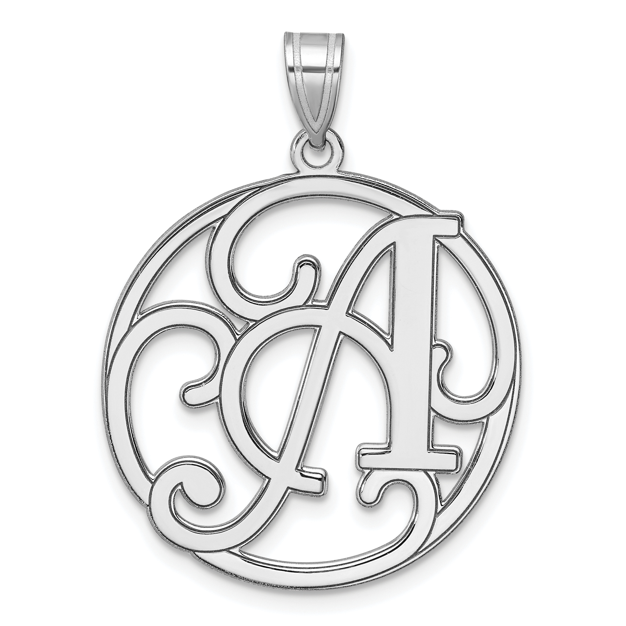 Large Sterling Silver Rhodium-plated Fancy Script Letter A Initial Pendant (QC11258A)