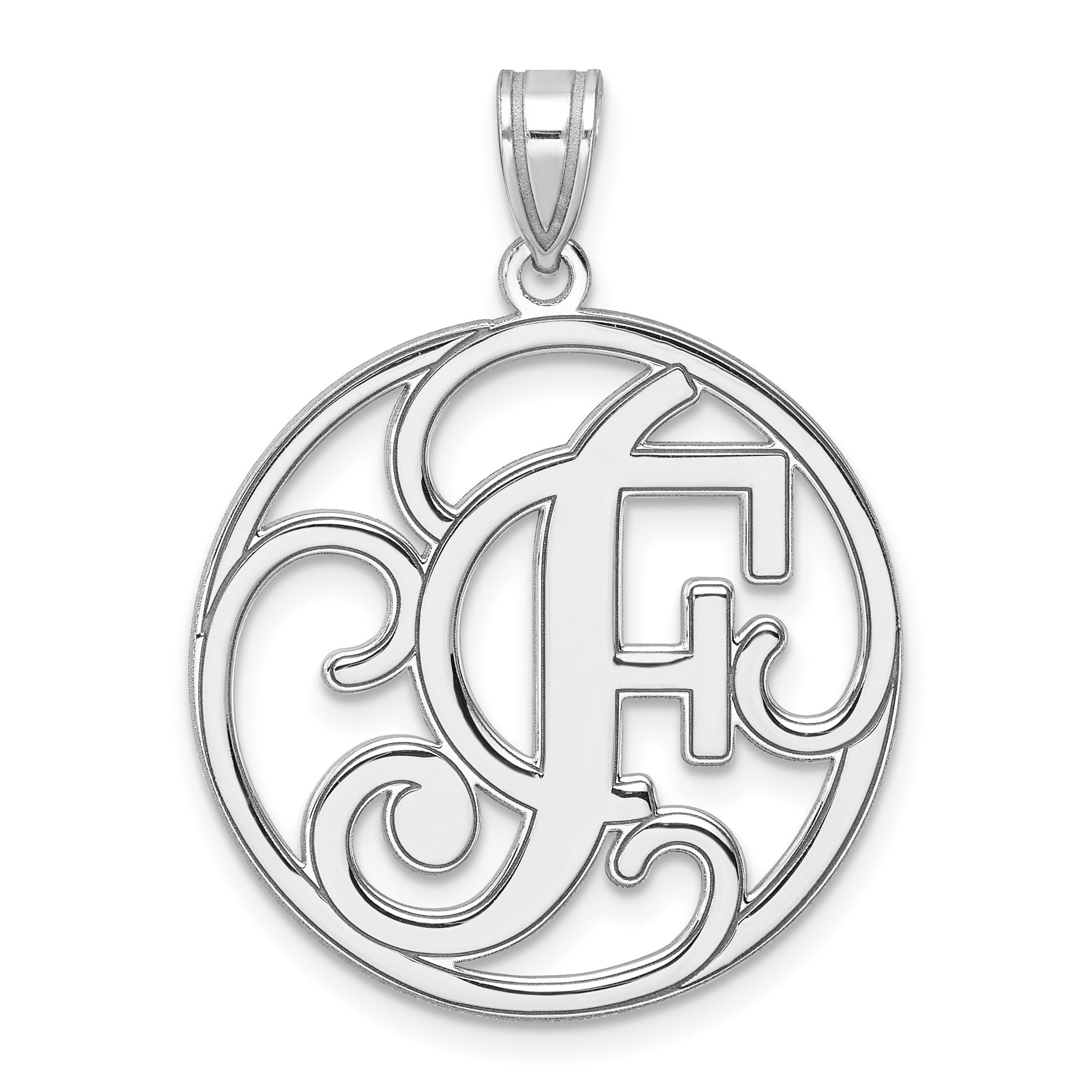 Large Sterling Silver Rhodium-plated Fancy Script Letter F Initial Pendant (QC11258F)