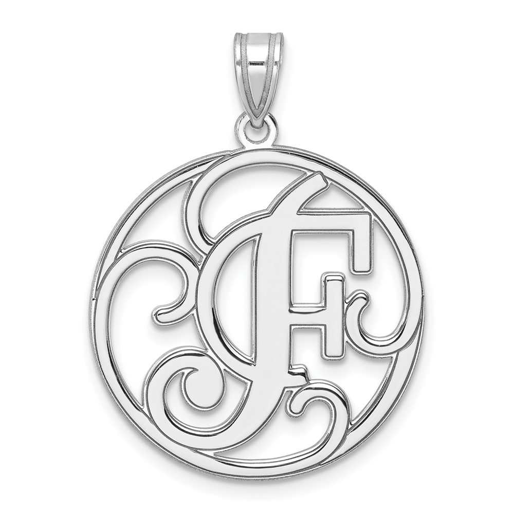 Large Sterling Silver Rhodium-plated Fancy Script Letter F Initial Pendant (QC11258F)