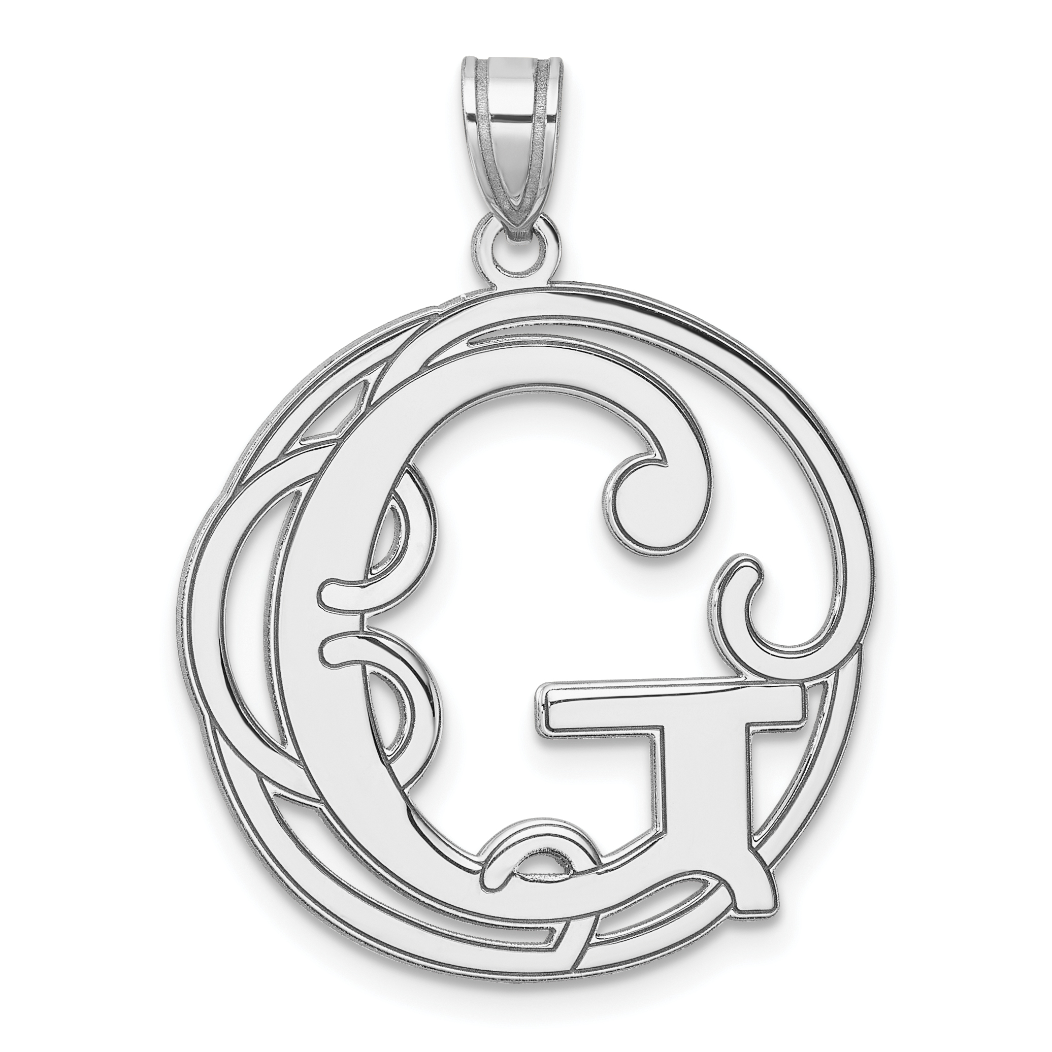 Large Sterling Silver Rhodium-plated Fancy Script Letter G Initial Pendant (QC11258G)