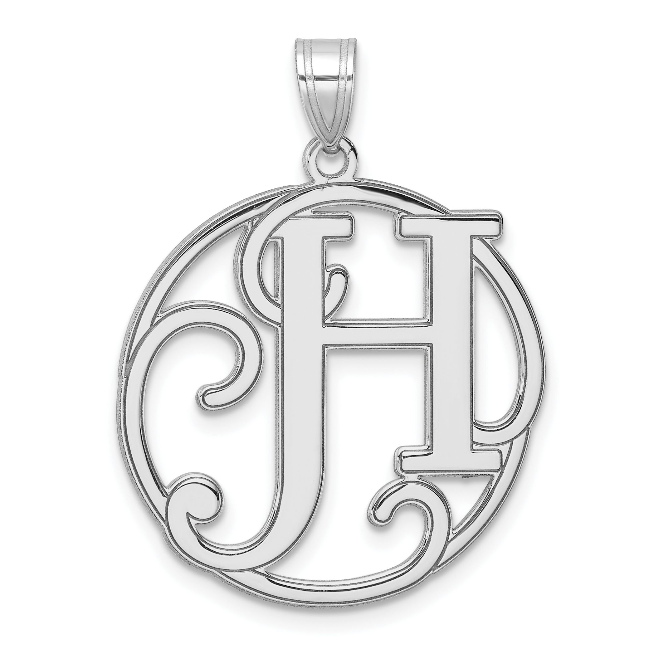 Large Sterling Silver Rhodium-plated Fancy Script Letter H Initial Pendant (QC11258H)