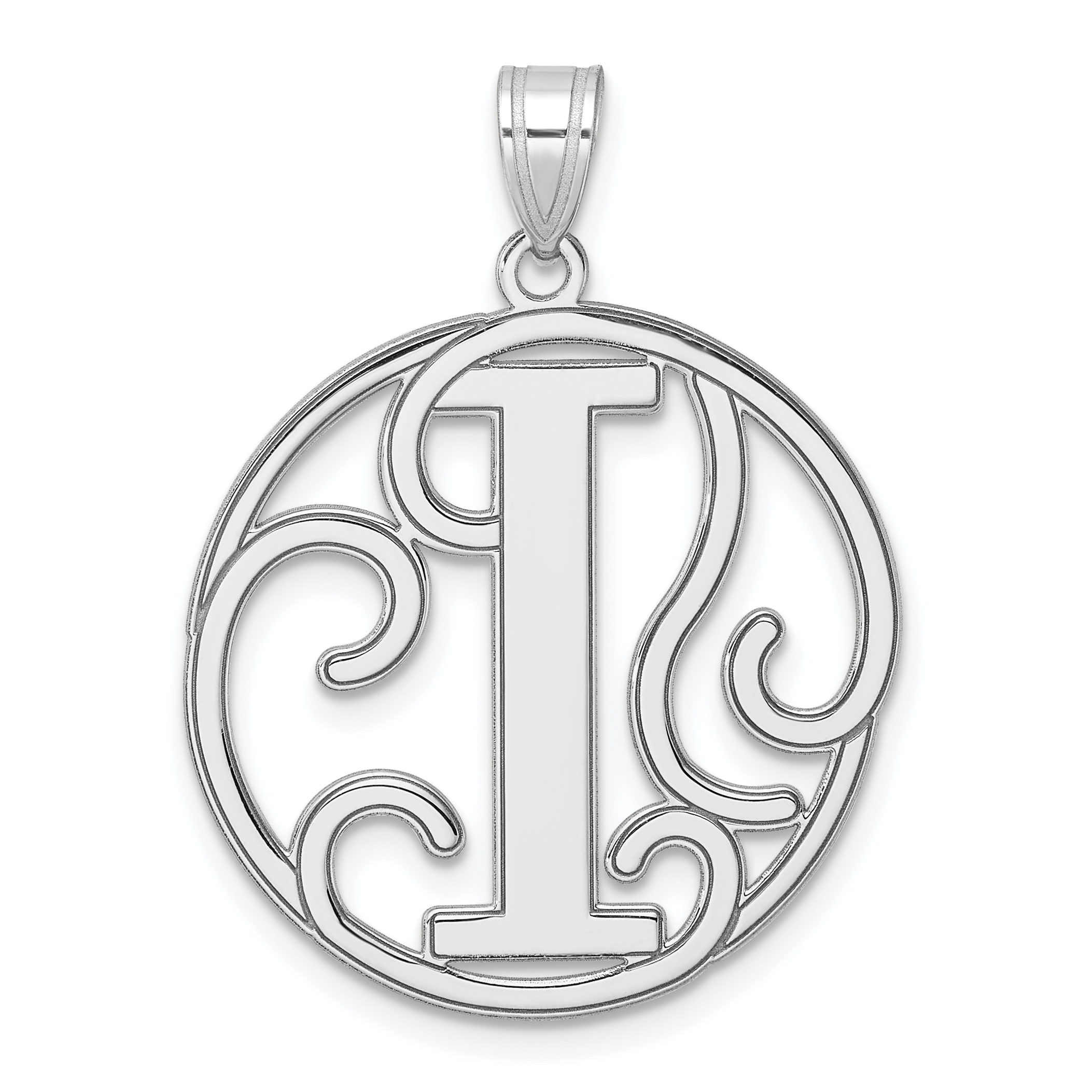 Large Sterling Silver Rhodium-plated Fancy Script Letter I Initial Pendant (QC11258I)