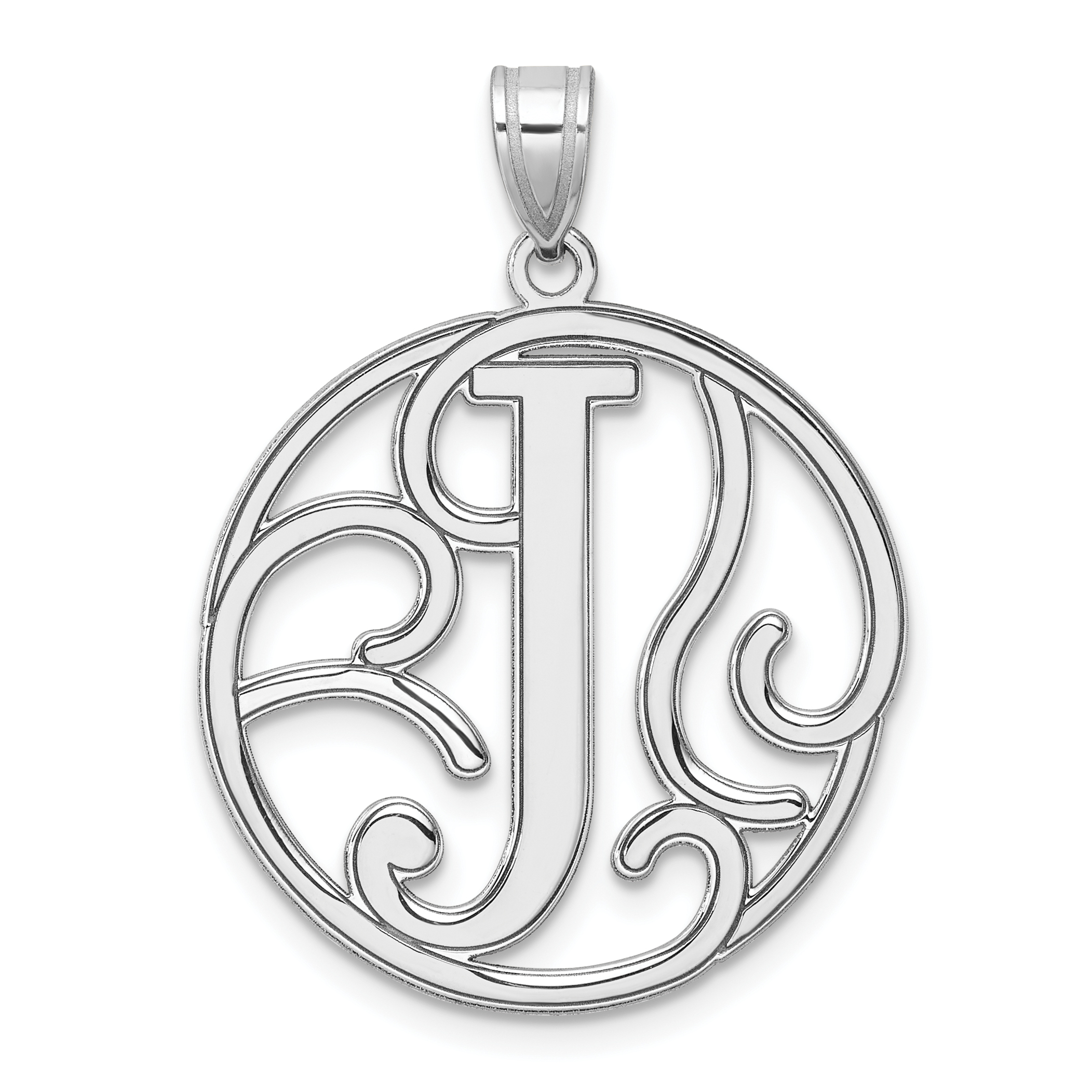 Large Sterling Silver Rhodium-plated Fancy Script Letter J Initial Pendant (QC11258J)