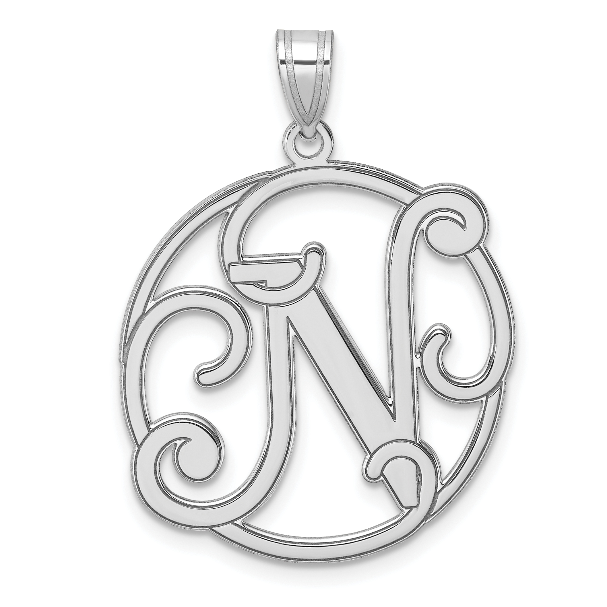 Large Sterling Silver Rhodium-plated Fancy Script Letter N Initial Pendant (QC11258N)