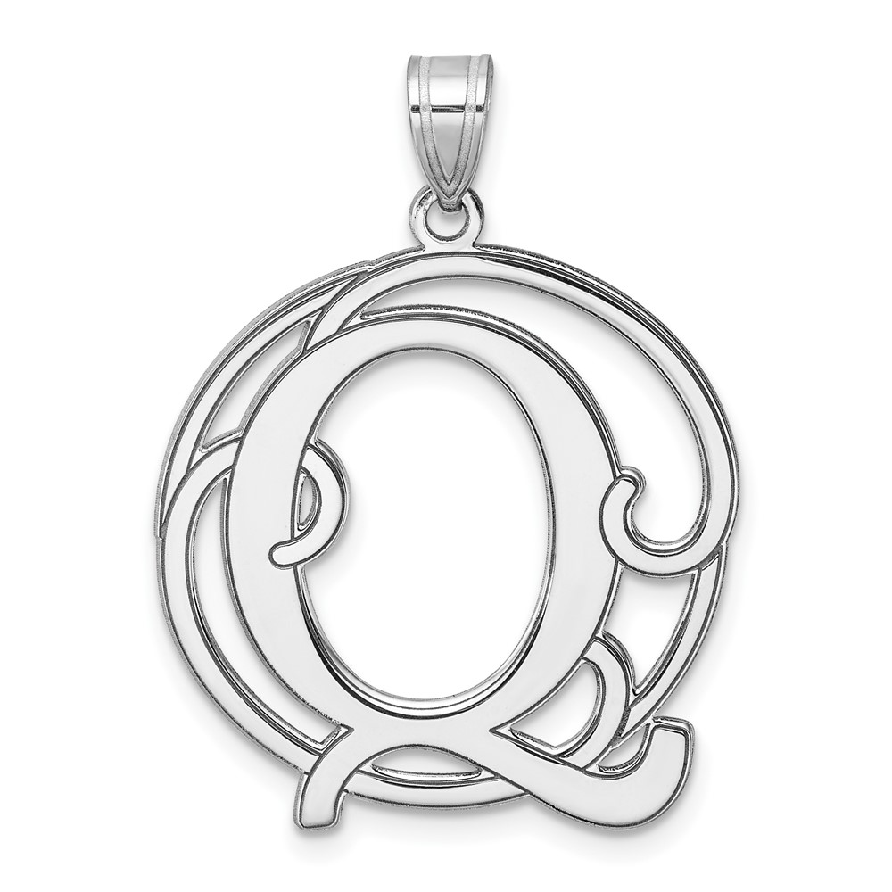 Large Sterling Silver Rhodium-plated Fancy Script Letter Q Initial Pendant (QC11258Q)