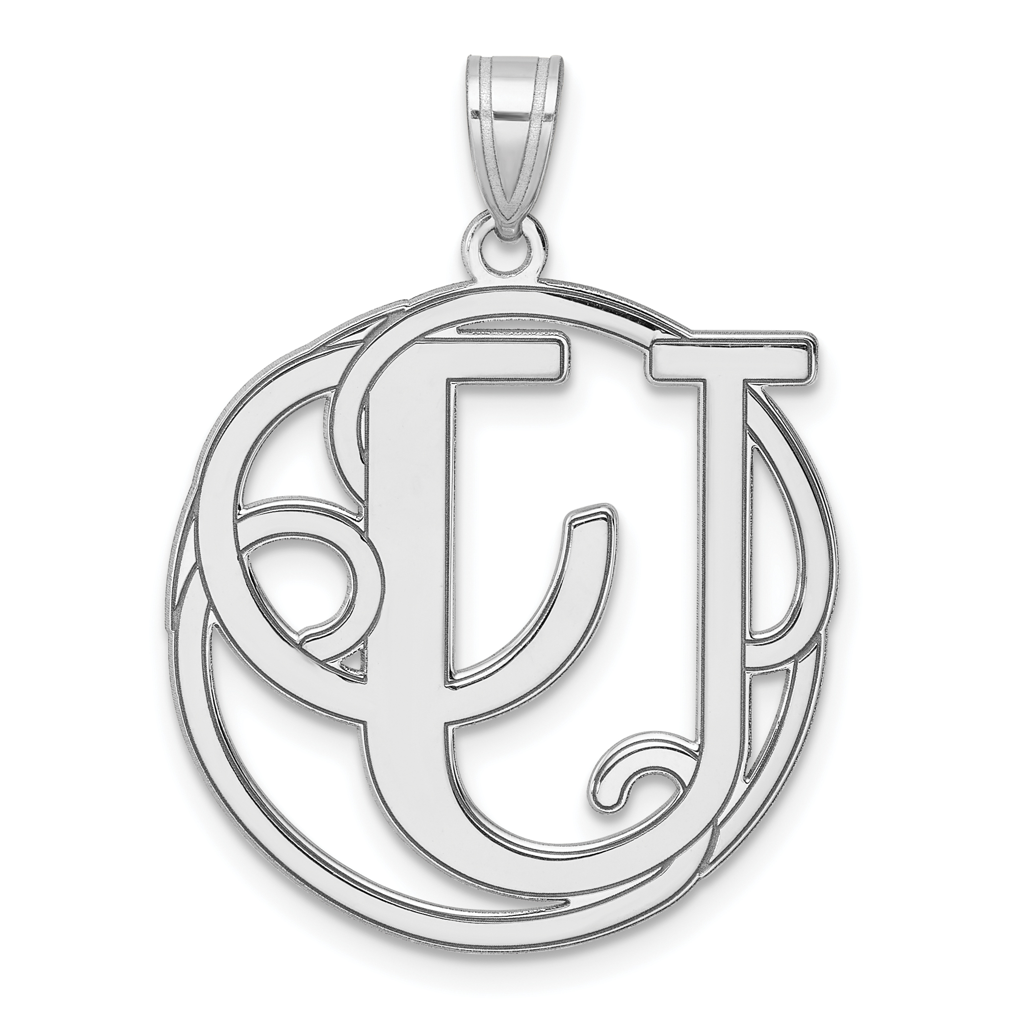 Large Sterling Silver Rhodium-plated Fancy Script Letter U Initial Pendant (QC11258U)