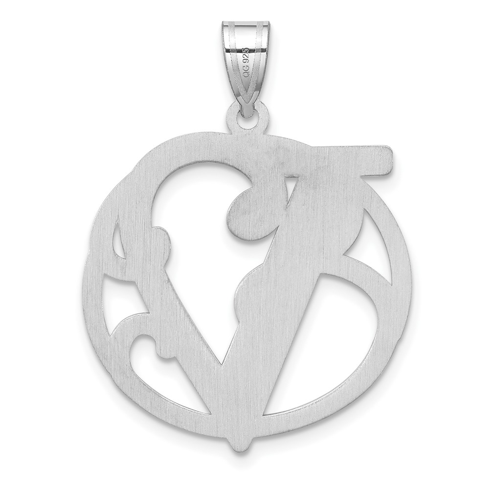 Large Sterling Silver Rhodium-plated Fancy Script Letter V Initial Pendant (QC11258V)